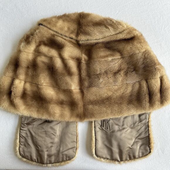 VINTAGE Mink Stole Scarf Fur Cape Shawl Fur Opera Ball Carmel Beige - Picture 8 of 9
